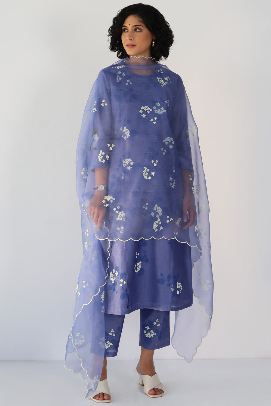 Twilight Tunic in Monochrome Sakura Print In Silk Chanderi And Silk Chanderi Pants