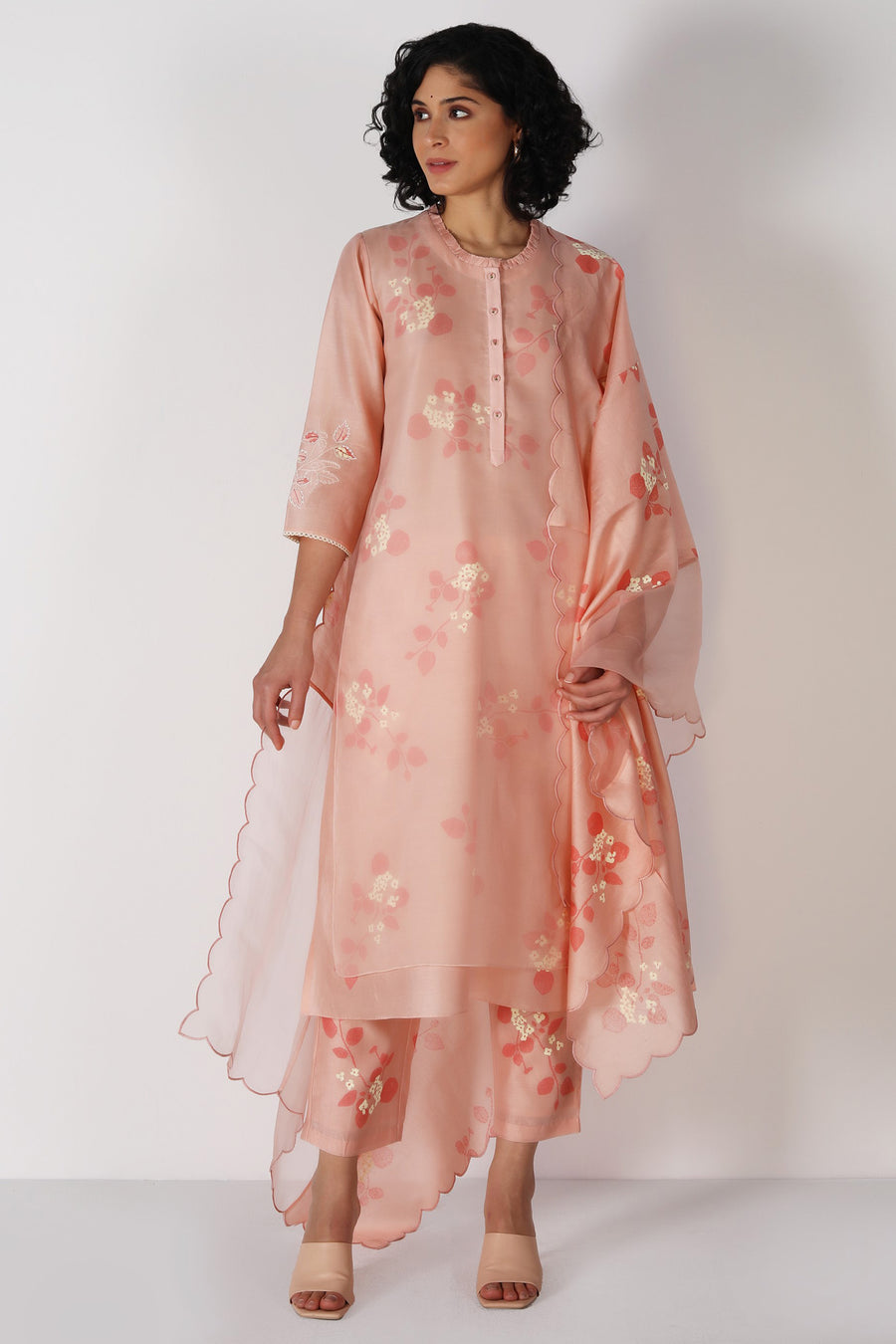 Old Rose Tunic in Sakura Print Tonal Double Layered In Organza And Silk Chanderi And Silk Chanderi Pant