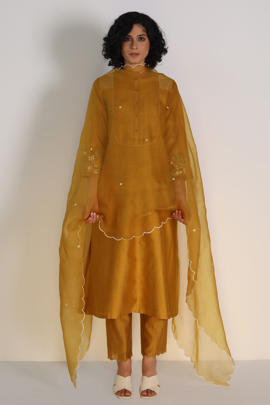 Silk Chanderi Tunic With Hand Embroidery Sleeve Detail And Silk Chanderi Pants