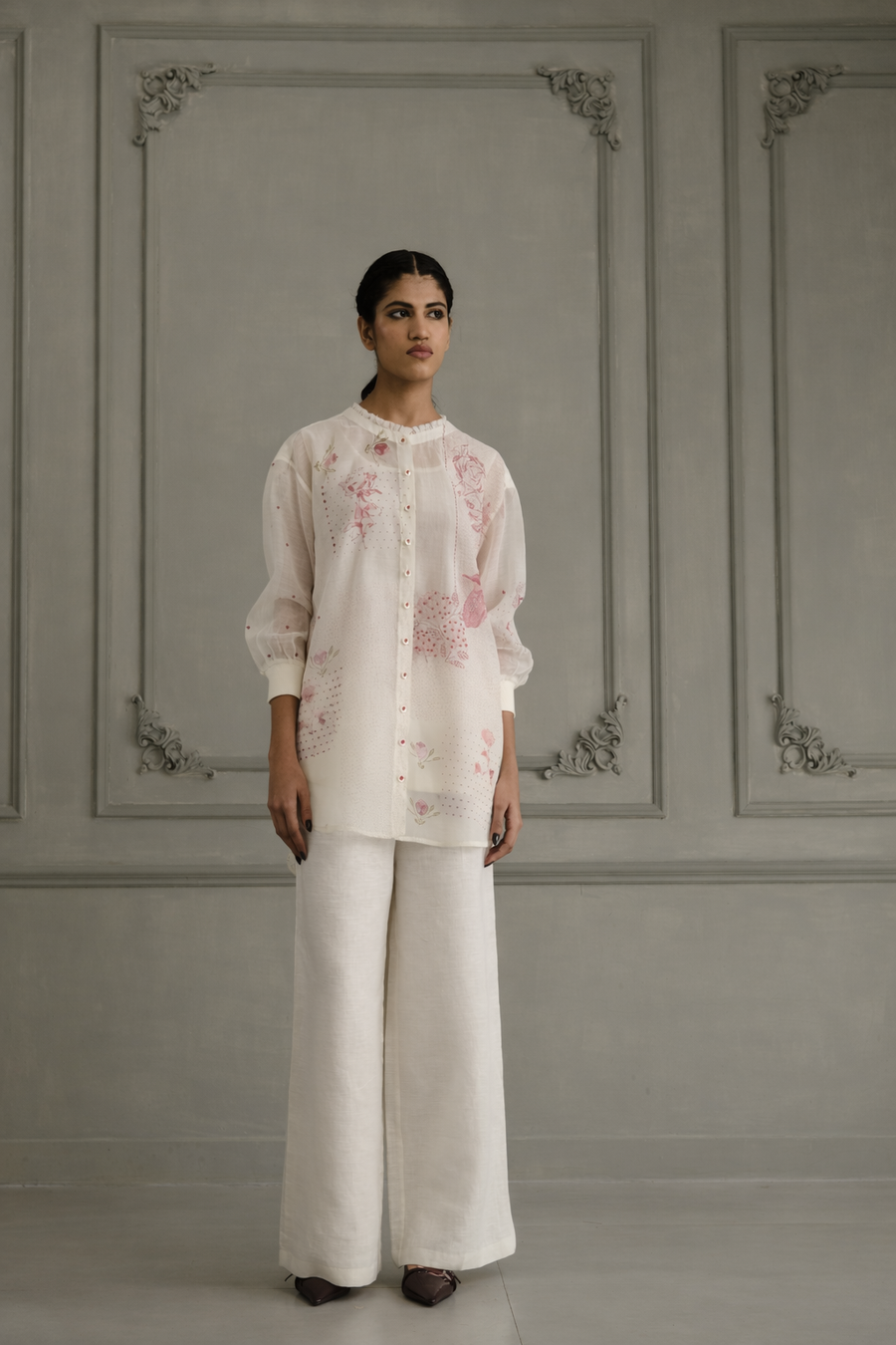 Ivory Shirt In Mul Chanderi With Embroidery And Flared Pants In Linen