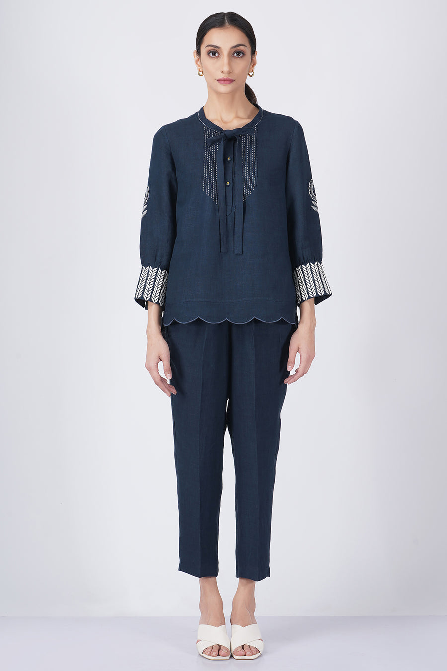 Sunflower sleeve embroiderd top with straight pant