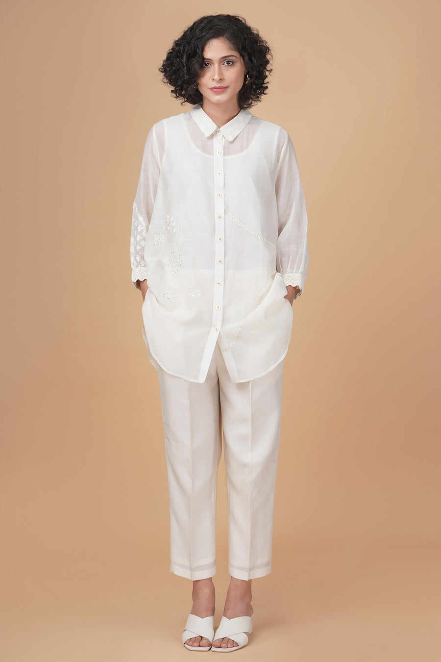 Azisai embroidery with cross stitch embroidery shirt in cotton chanderi and straight pant in silk chanderi