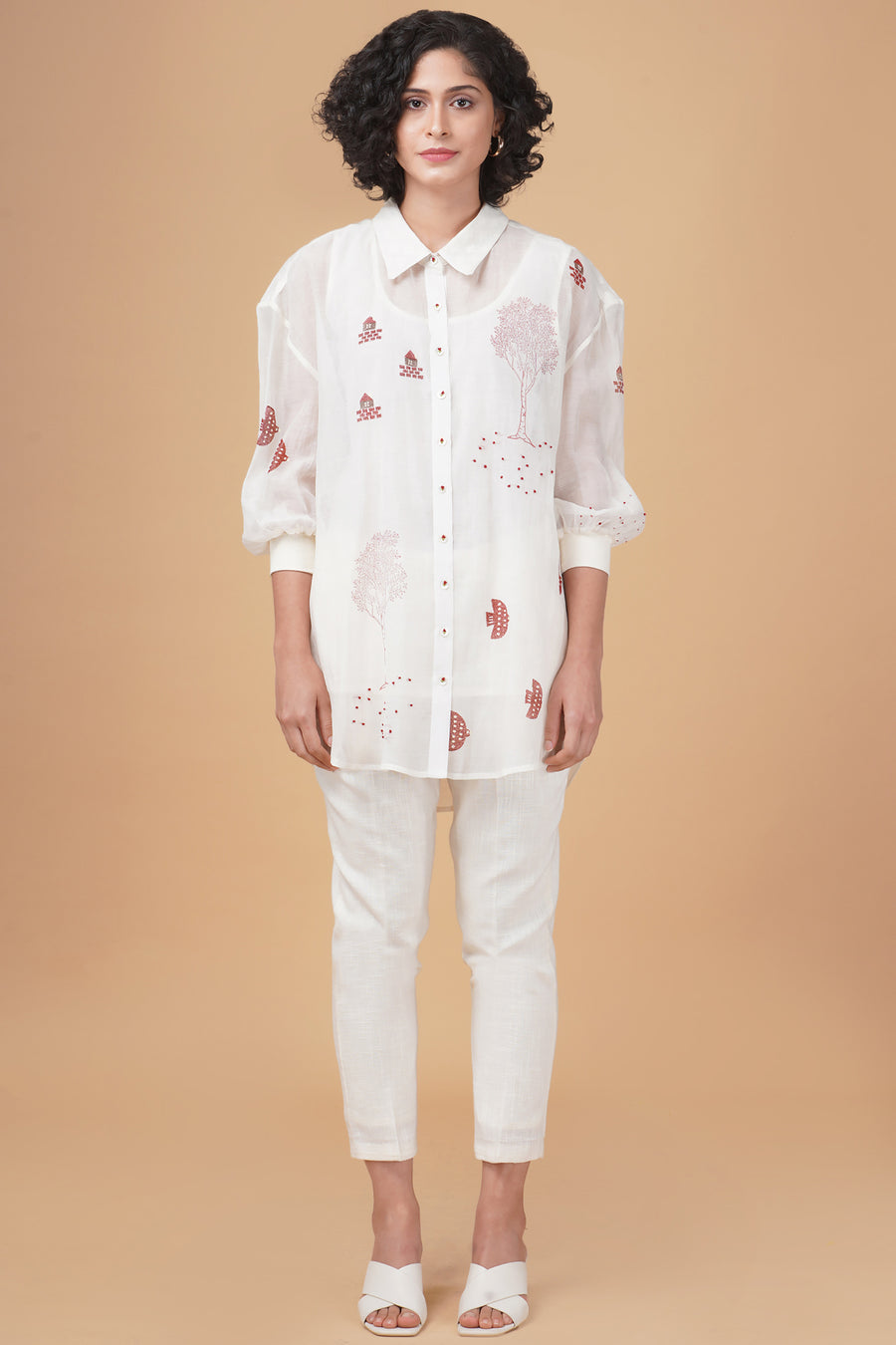Red hakoni print cotton chanderi shirt and cotton linen pant