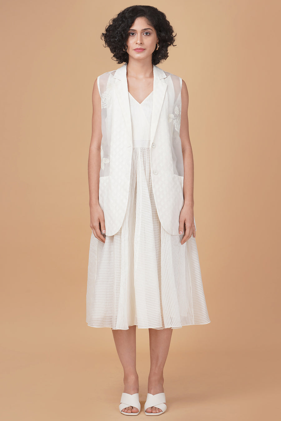 Sleeveless jacket with bara embroidery in bamarsi chanderi and solid overlap dress in stripe organza
