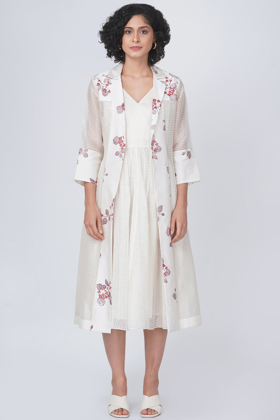 Sakura print stripe organza jacket and solid overlap dress in stripe organza