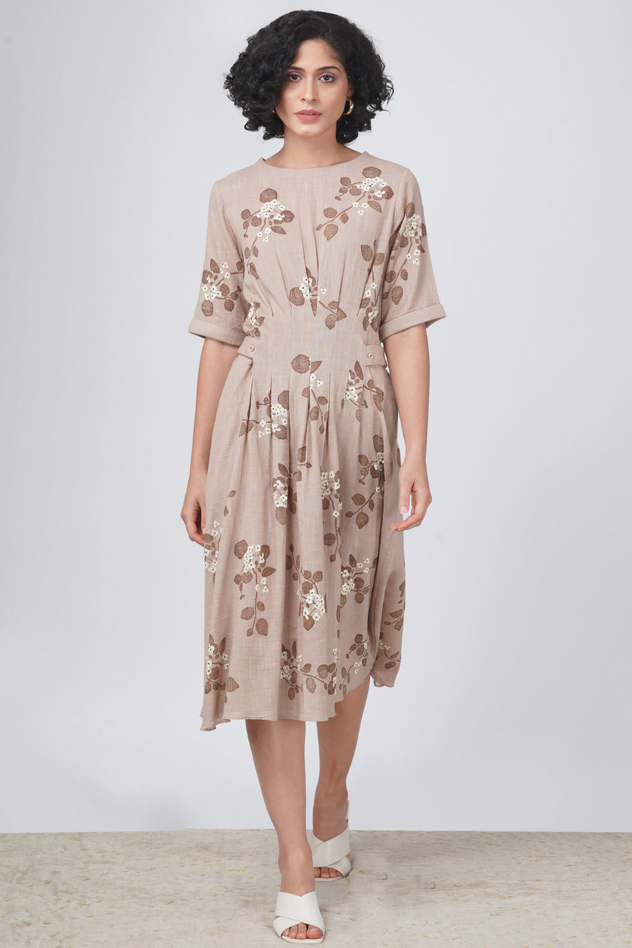 Sakura print bon pleated dress in cotton linen