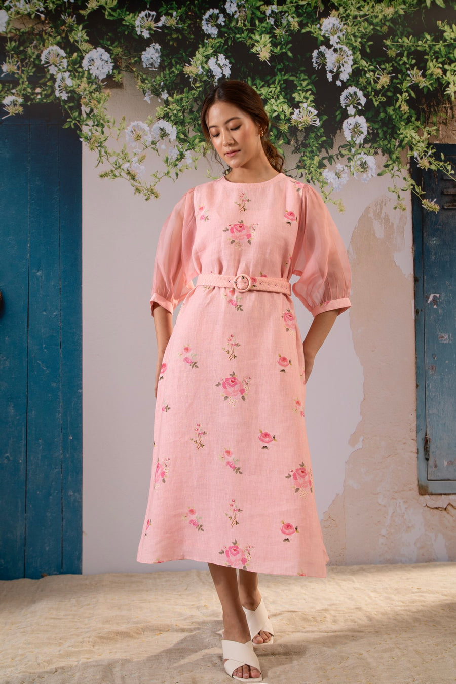 Rosette Print A-Line Dress In Linen And Organza
