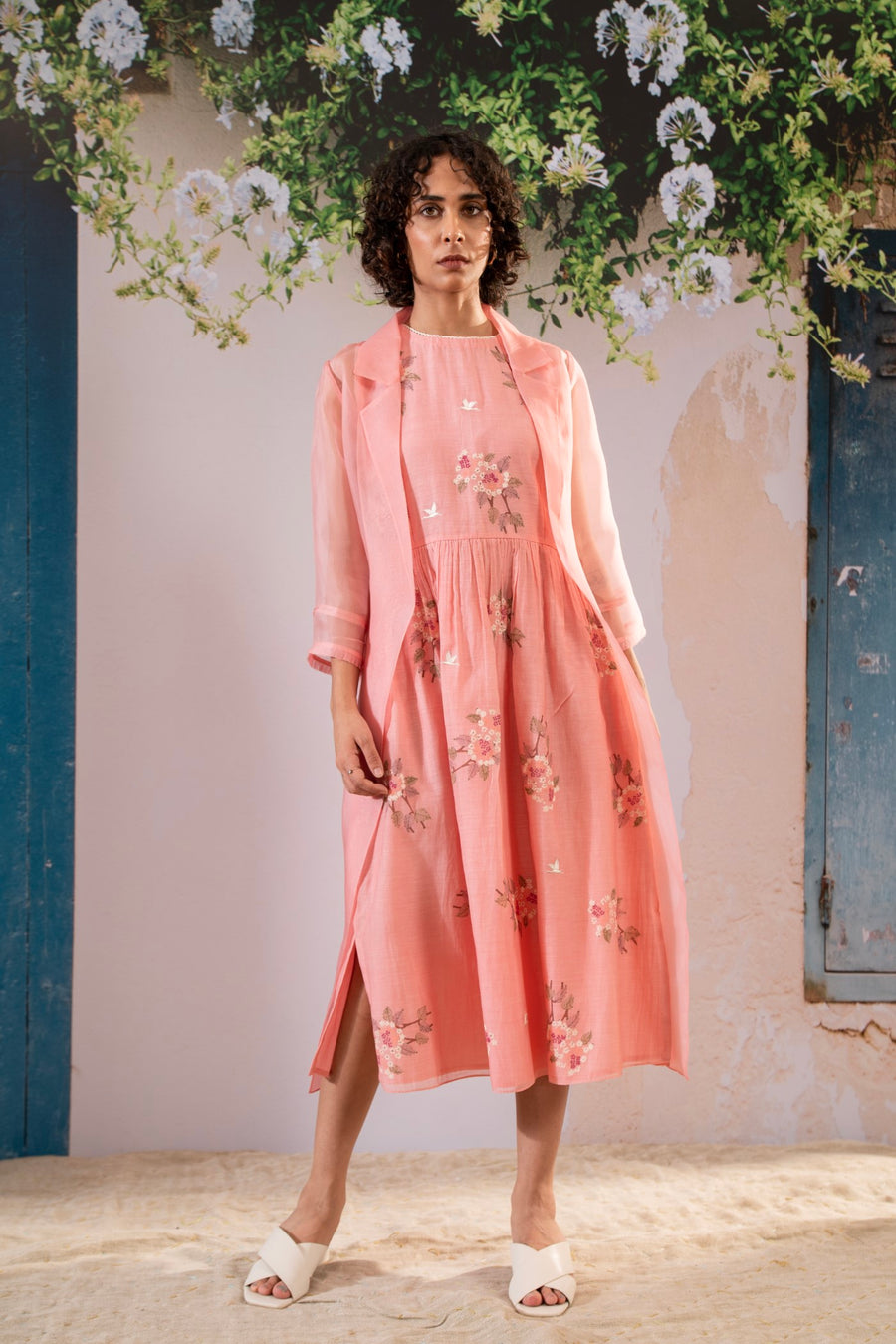 Dahlia Print Gathered Dress And Organza Jacket Set In Chanderi And Organza