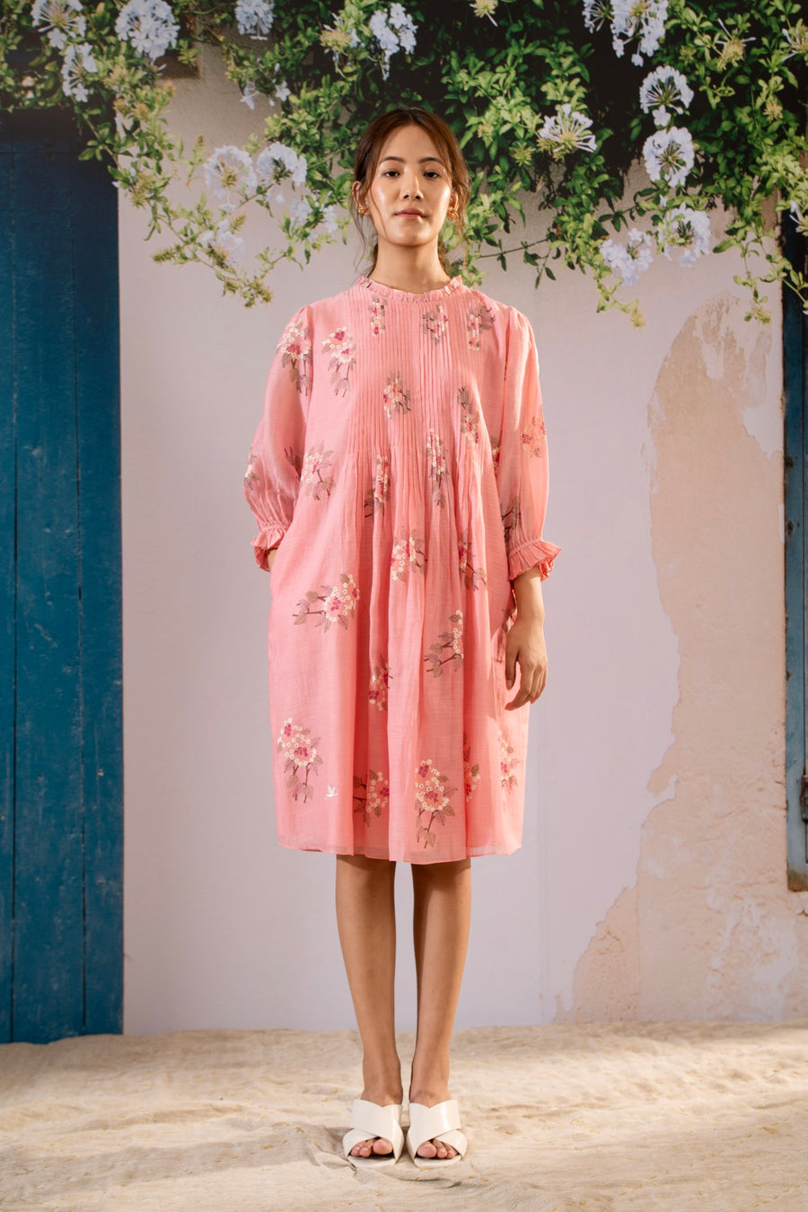 Dahlia Print Pleated Dress In Chanderi
