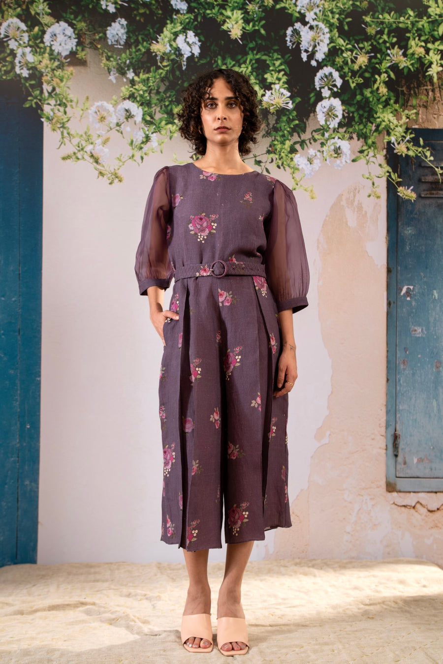 Rosette Print jumpsuit With Organza Puff Sleeves In Linen And Organza