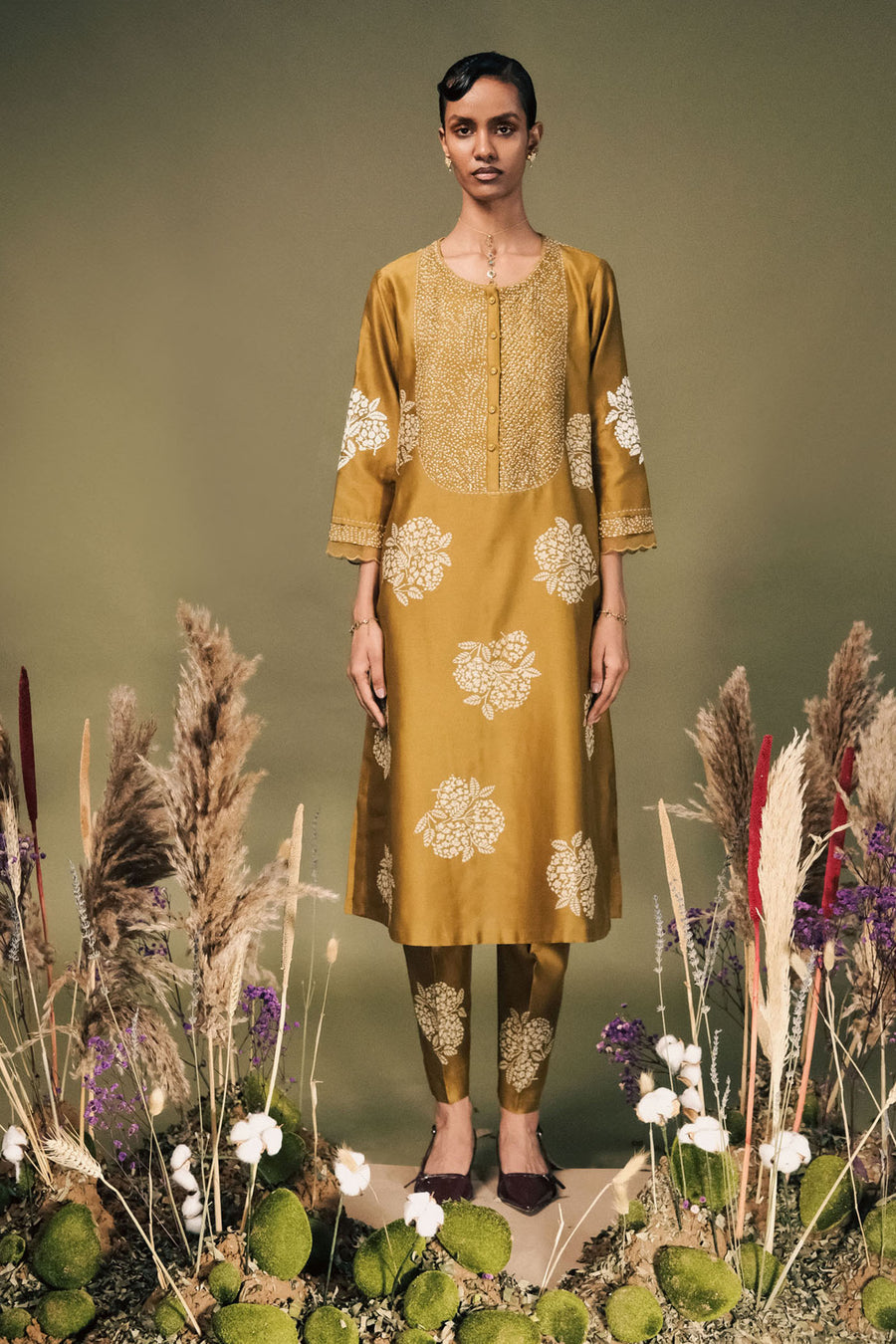 Moss Green Discharge Print Tunic Set With Embroidery On Sleeves In Silk Chanderi And Dupatta In Organza And Silk Chanderi