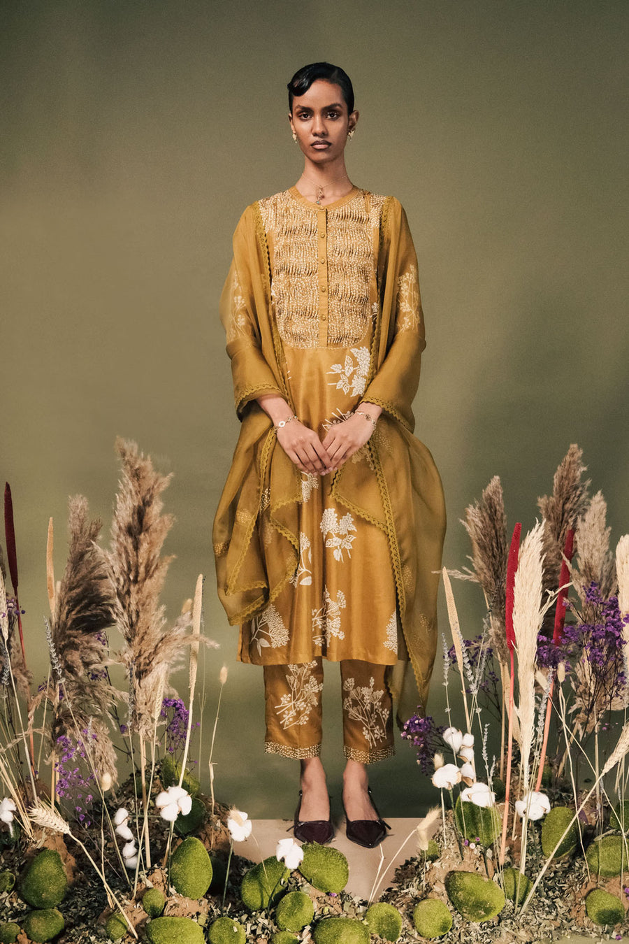 Moss Green Discharge Print Tunic Set With Embroidery On Sleeves In Mulberry Silk And Organza Dupatta