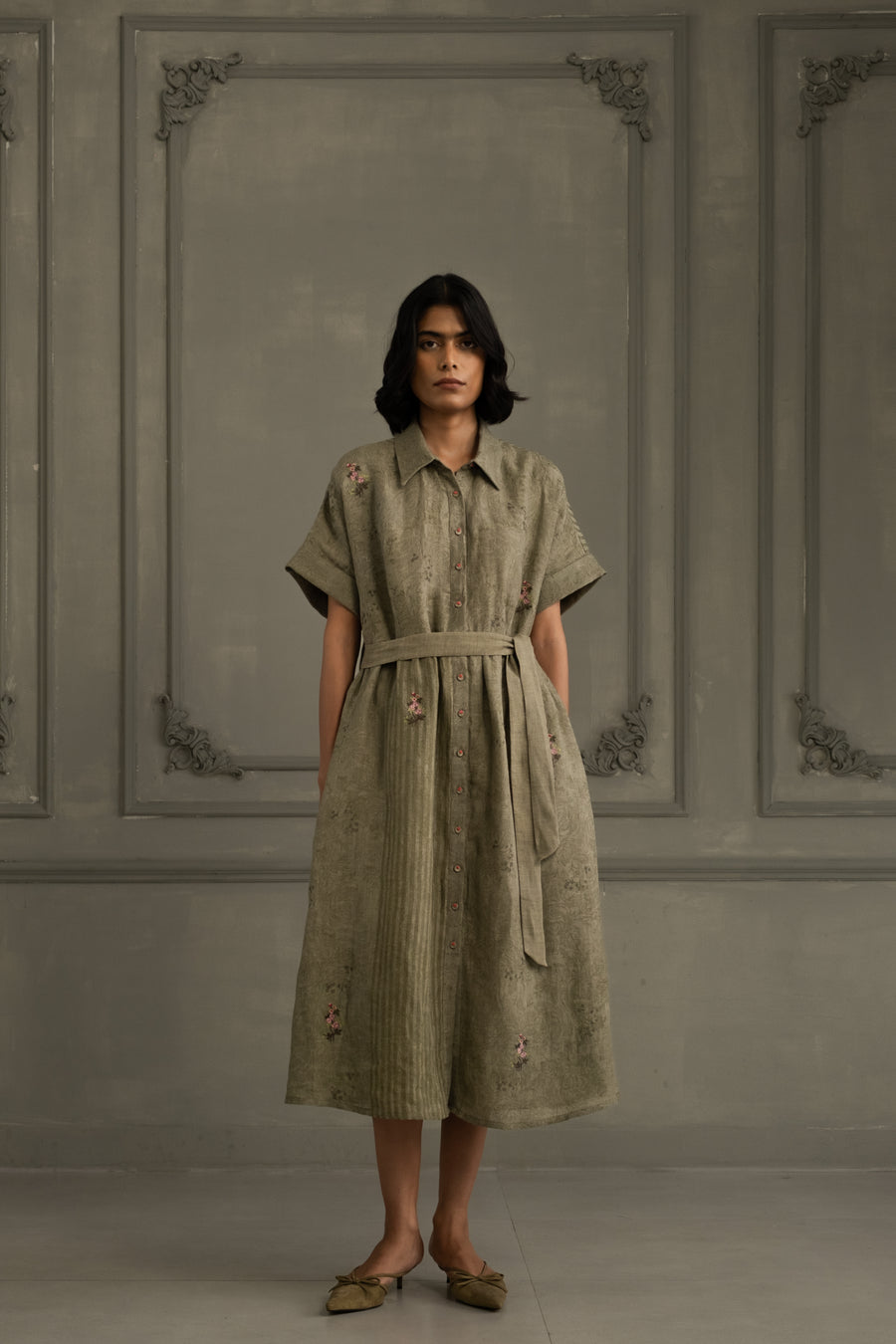 Sage Green Dress In Gauze Linen With Belt And Embroidery