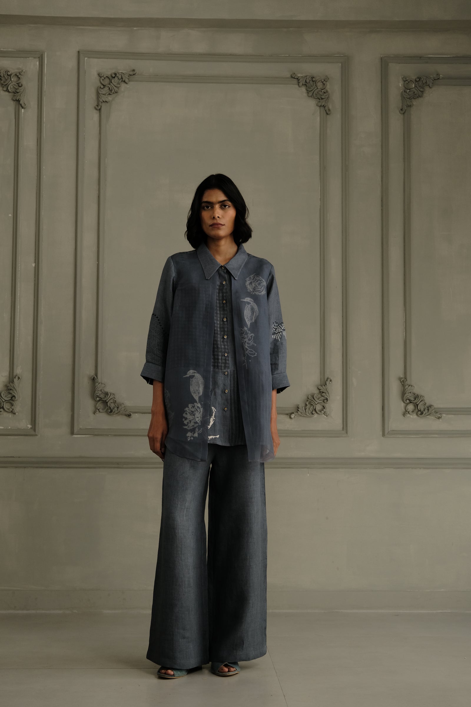 Stone Blue Linen Shirt With Embroidery And Flared Pants In Linen