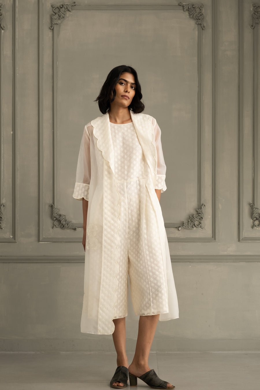 Ivory Scalloped Organza Jacket With Embroidery And Jumpsuit In Brocade