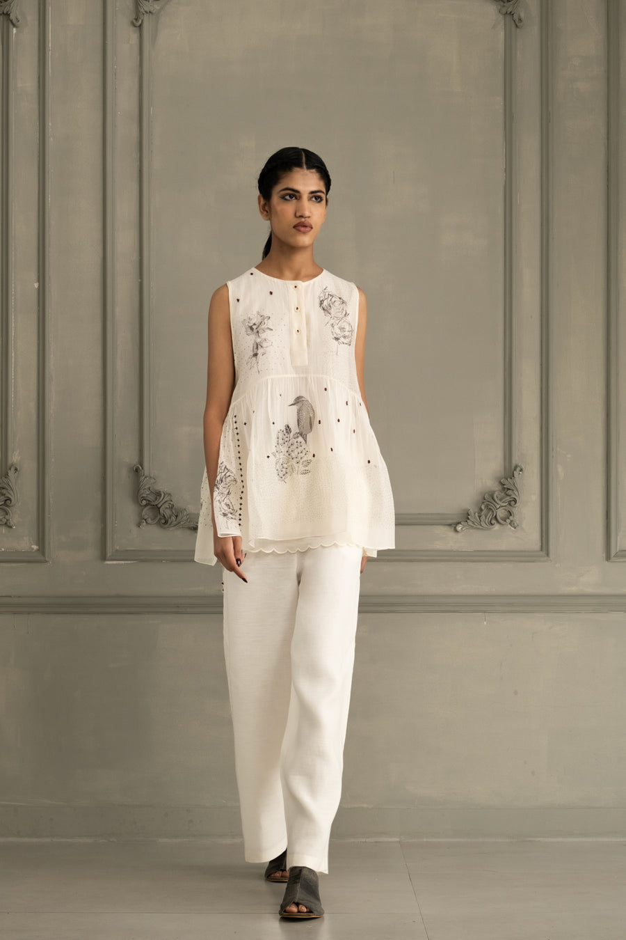 Ivory Shirt In Mul Chanderi With Embroidery And Flared Pants In Linen