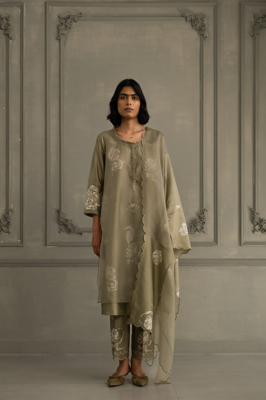 Sage Green Double Layer Discharge Print Tunic Set In Silk Chanderi With Discharge Dupatta In Organza And Silk Chanderi