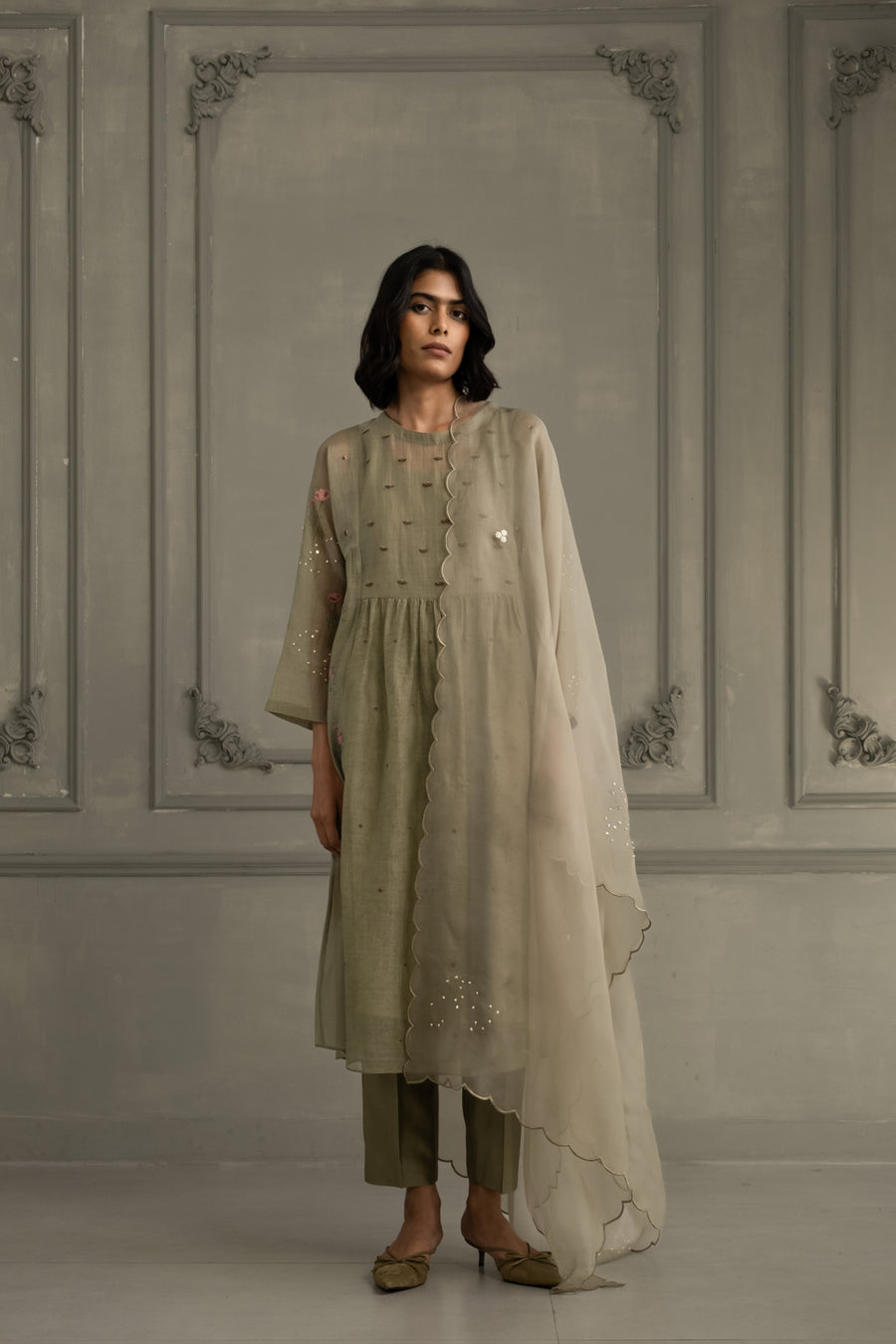 Sage Green Gathered Embroidered Tunic Set In Mul Chanderi With Silk Chanderi Pants And Organza Embroidered Dupatta