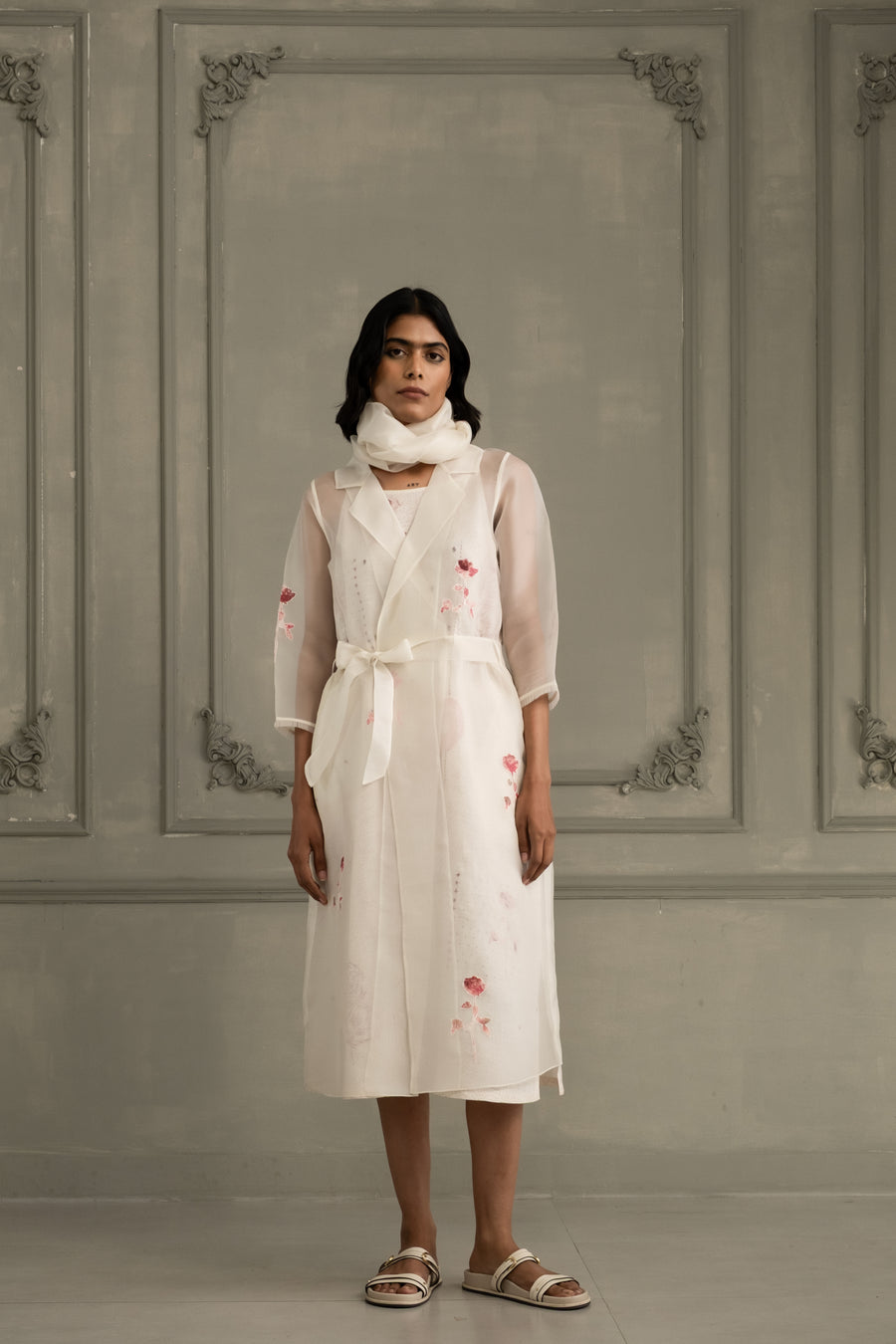 Ivory Rose Applique Work Organza Jacket With Block Print Linen Strap Dress