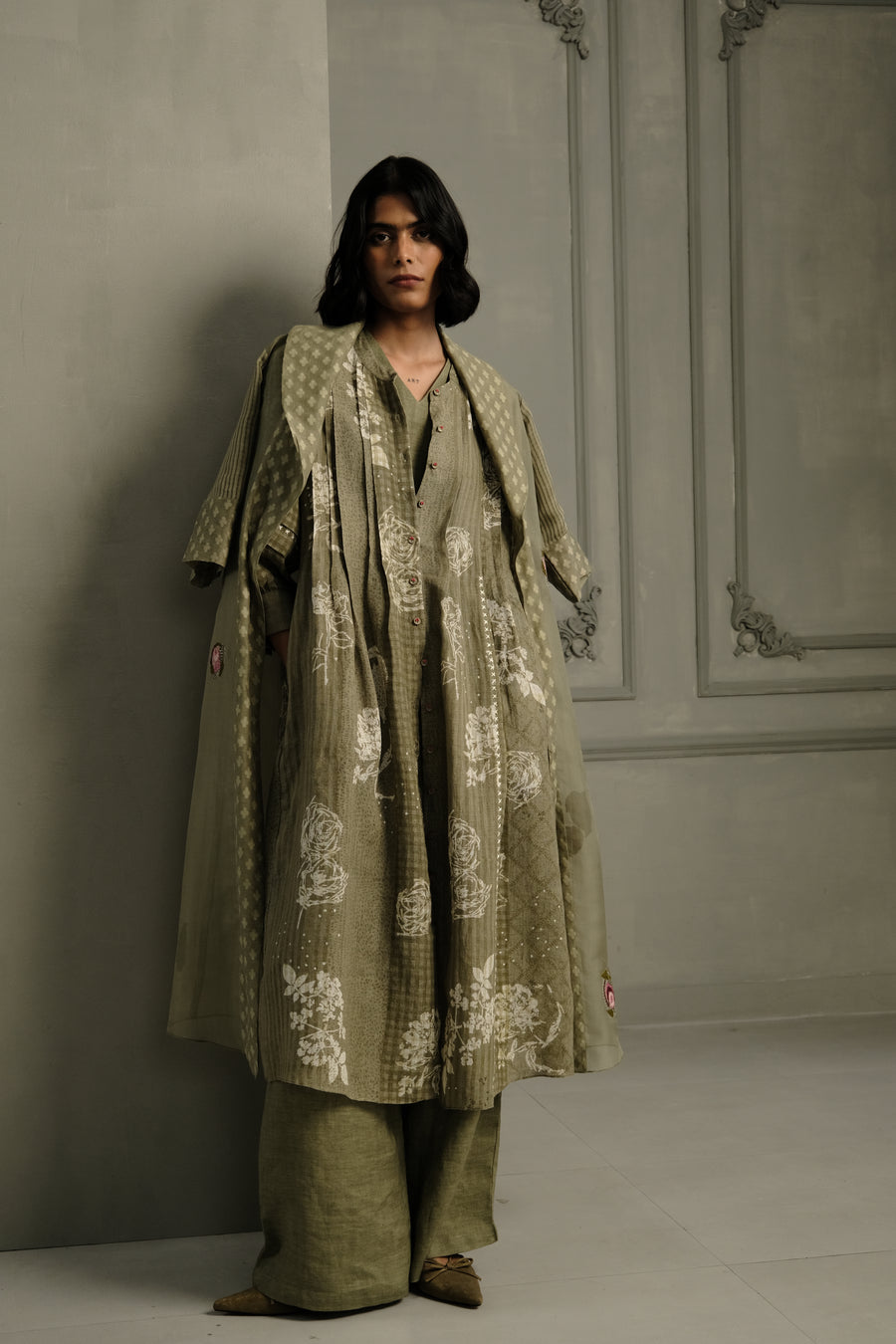 Sage Green Applique Work Embroidered Organza Jacket With Discharge Print Dress In Gauze Linen And Linen Straight Pants