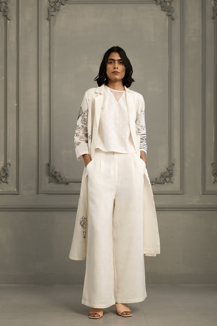 Ivory Embroidery And Block Print Top And Flared Pant In Linen
