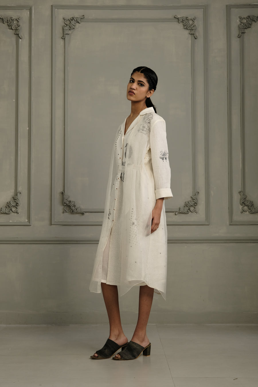 Ivory Double Layer Block Print Dress In Linen And Organza With Embroidered Sleeves