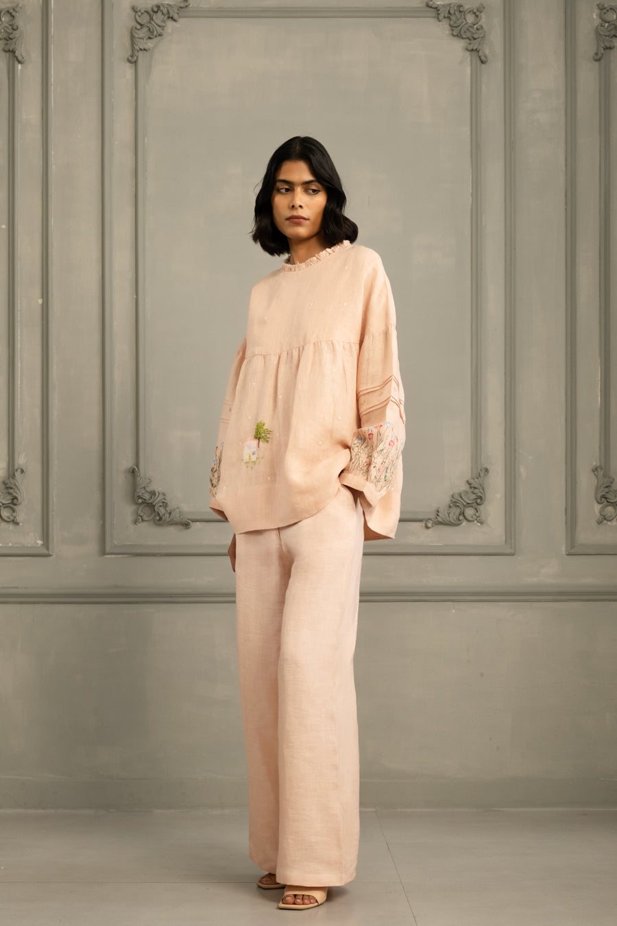 Old Rose Top In Gauze Linen With Embroidery And Flared Pants In Linen