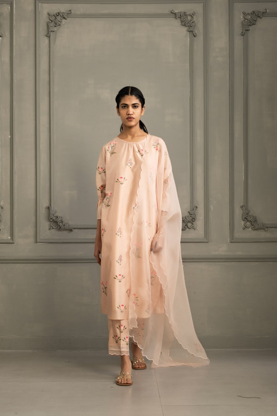 Old Rose Tunic Set In Silk Chanderi With Scalloped Organza Dupatta