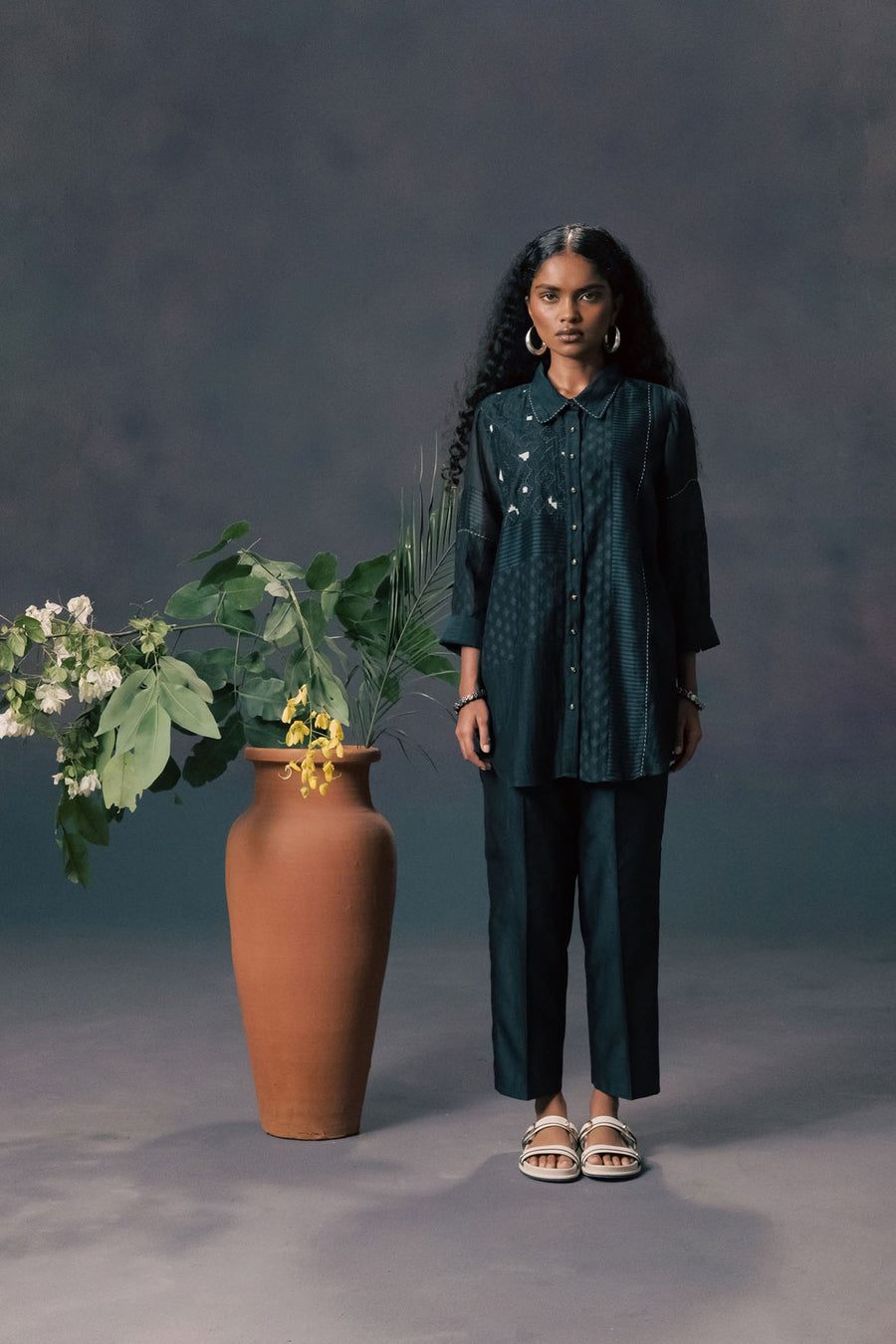 Indigo Lace Shirt With Embroidery In Silk Chanderi