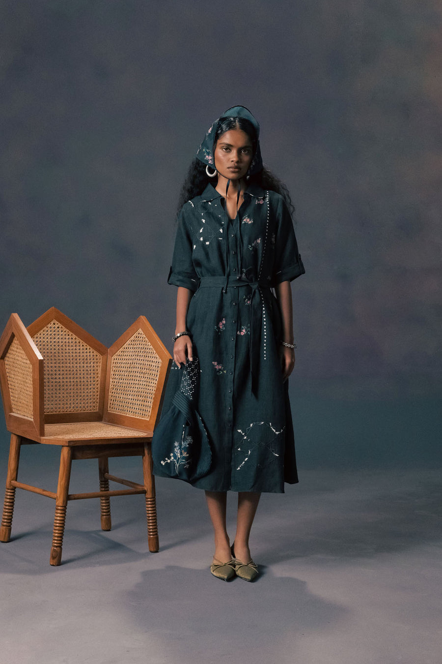Indigo Rose Print Dress In Linen With Embroidery