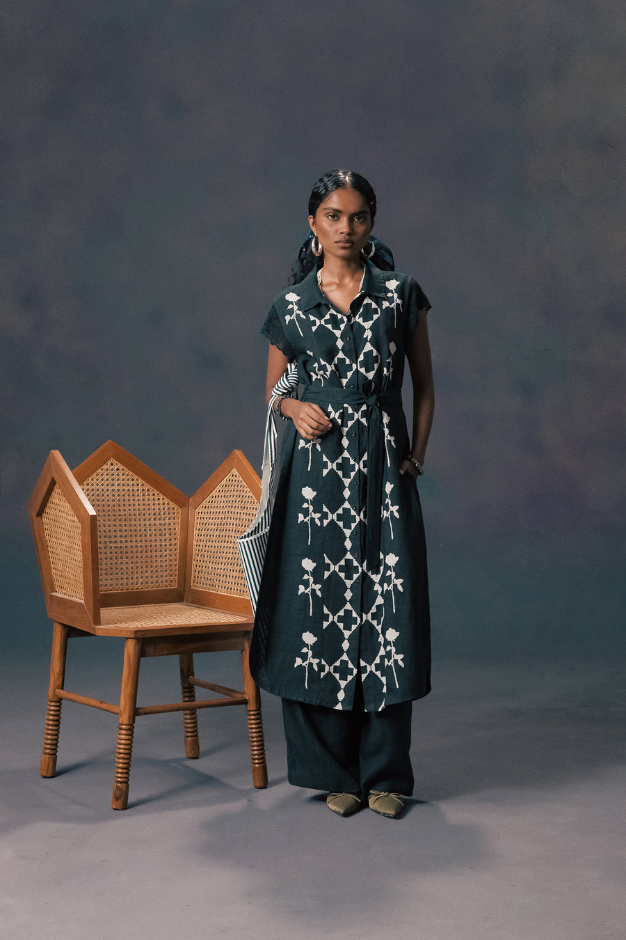 Indigo Discharge Print Long Shirt In Linen