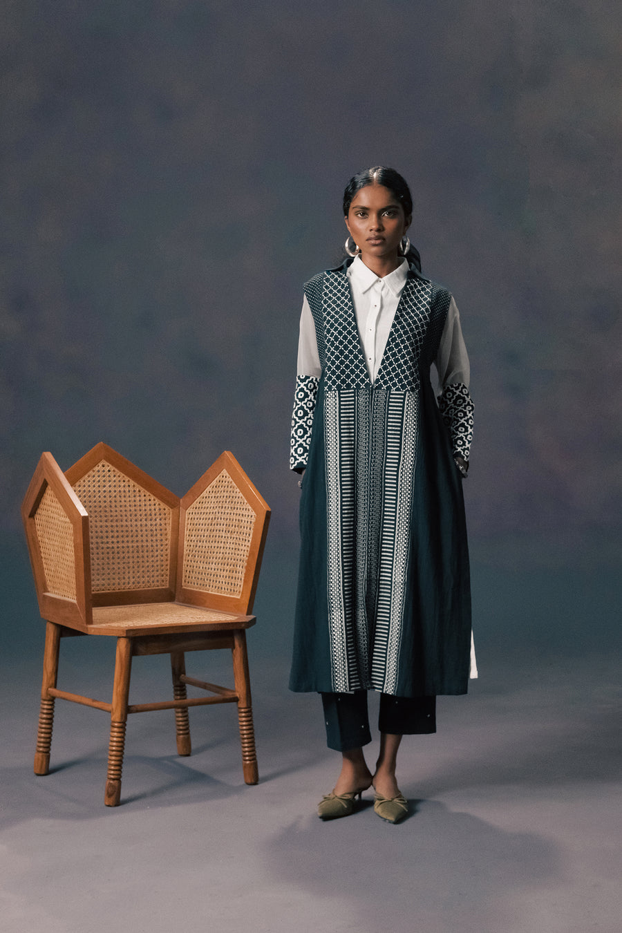 Indigo Embroided And Scren Print Jacket In Slub Cotton With Ivory Tunic And Straight Embroided Pants In Slub Cotton
