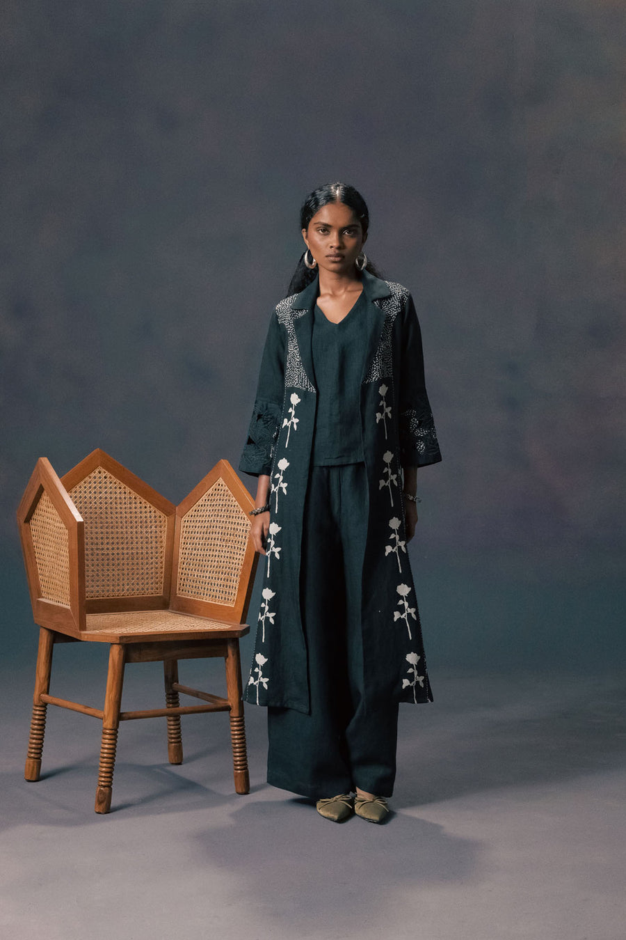 Indigo Discharge Print Jacket With Top And Flared Pants In Linen