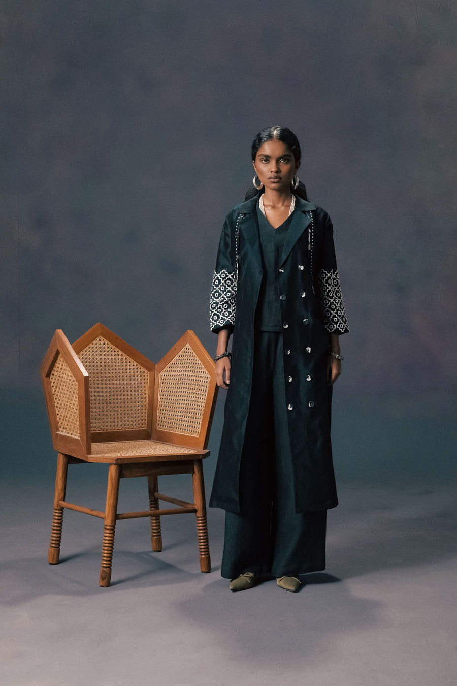 Indigo Silk Chanderi Embroided Jacket With Top And Flared Pants In Linen