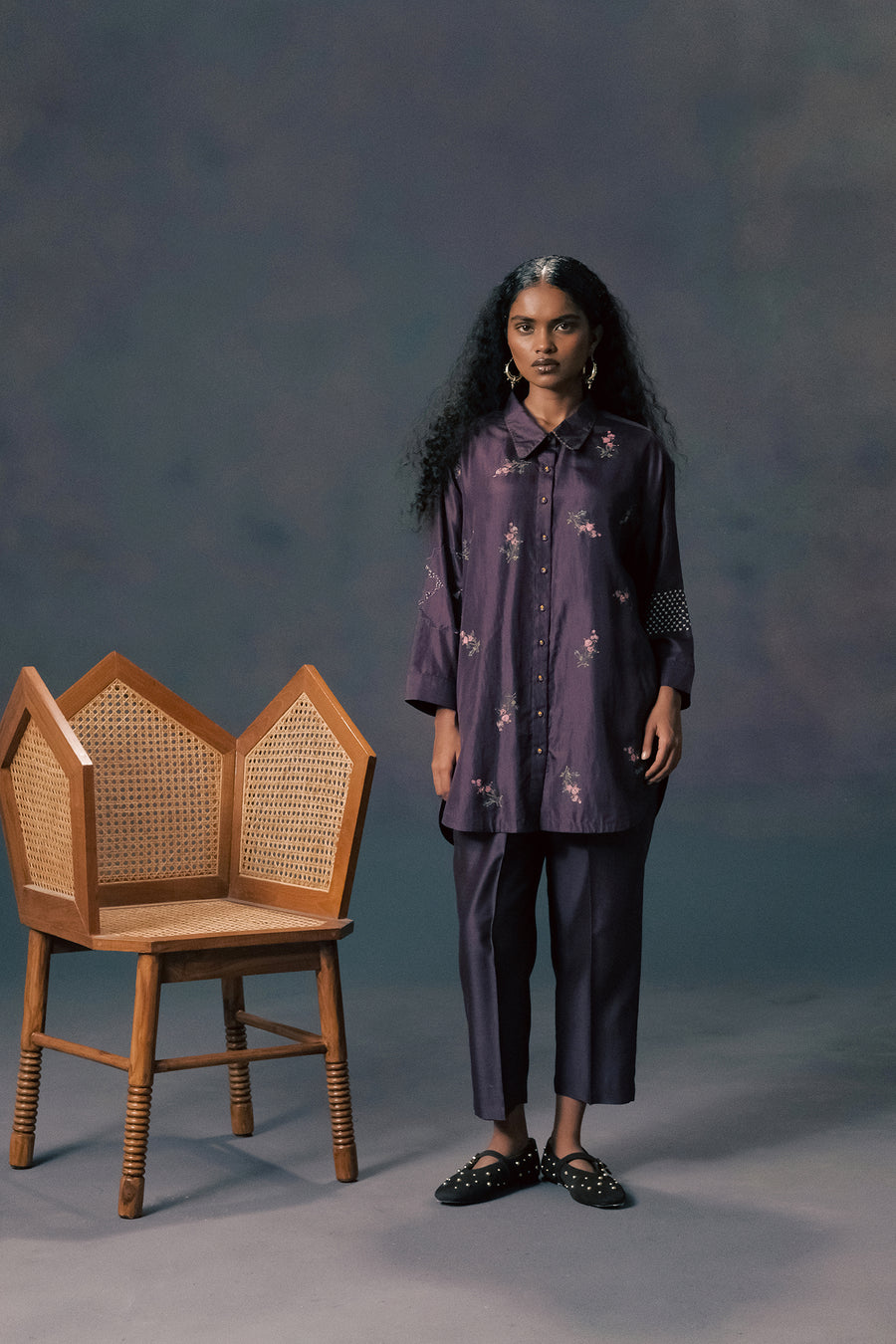 Lavender Rose Print Drop Shoulder Shirt In Mulberry Silk