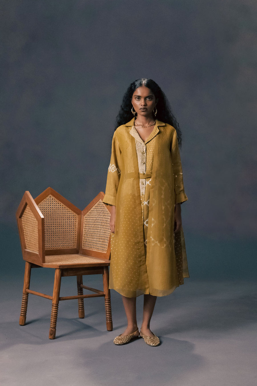 Moss Green Double Layer Discharge Print Dress In Linen And Organza With Embroided Sleeves