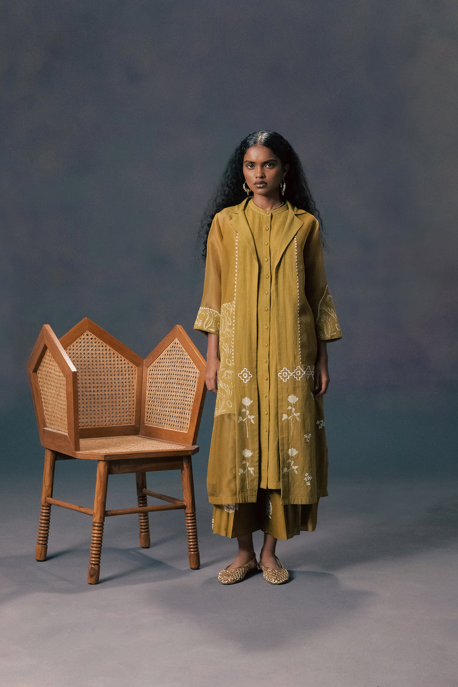 Moss Green Panelled Applique Jacket With Front Gathered Slub Cotton And Georgette Tunic And Discharge Print Flared Pants