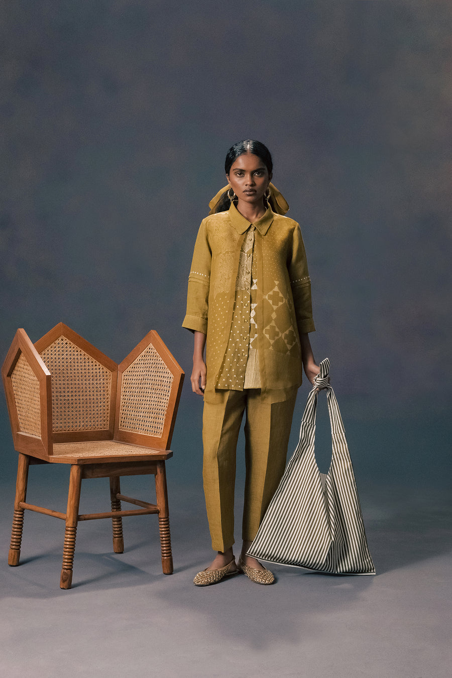Moss Green Double Layer Discharge Print Shirt In Linen And Organza