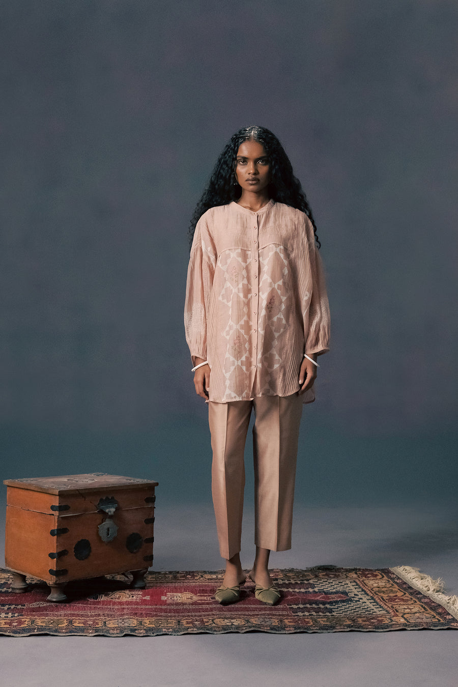 Mocha Mousse Discharge Print Pin Tuck Shirt In Mul Chanderi