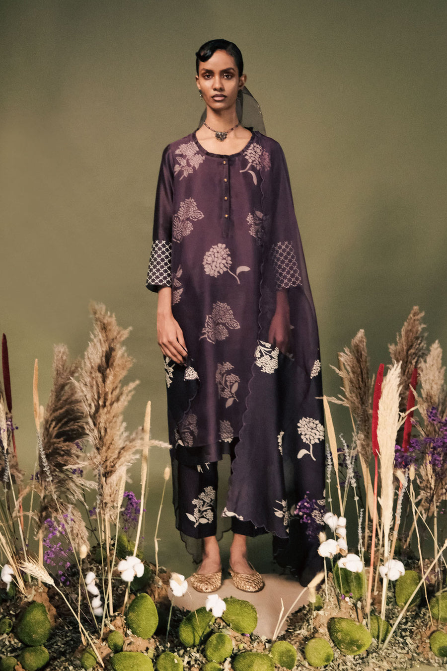 Lavender Discharge Print Double Layer Tunic Set With Embroidery On Sleeves In Silk Chanderi And Dupatta In Organza And Silk Chanderi