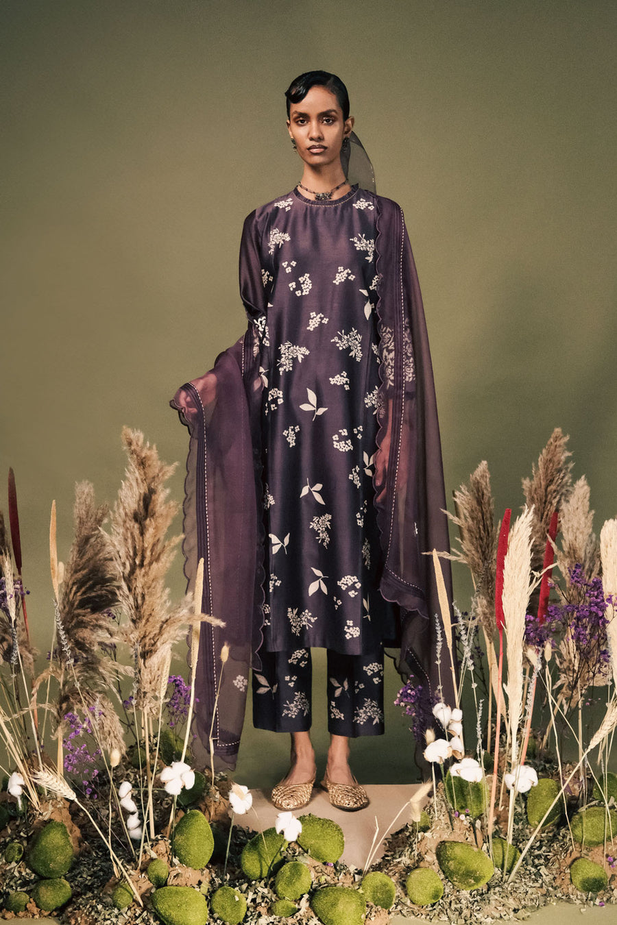Lavender Front Pleted Tunic Set In Silk Chanderi