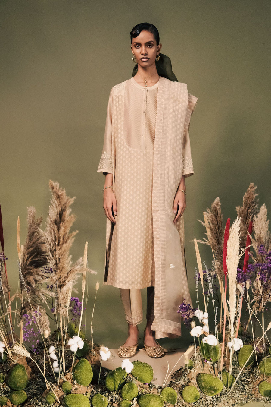 Beige Tunic Set In Banarsi Brocade With Gota Patti Embroidery And Dupatta In Organza And Brocade