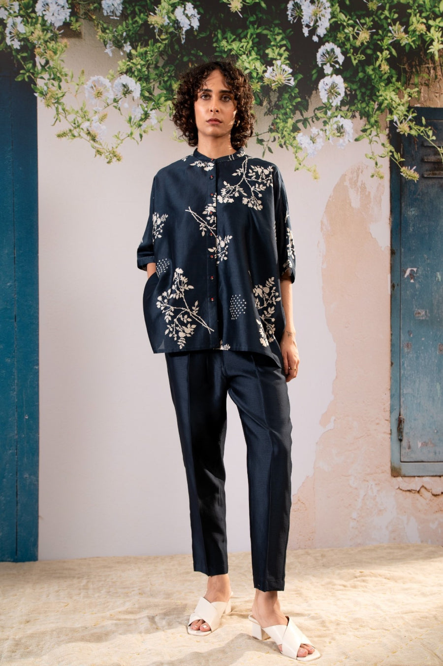 Discharge Print Kaftan Top And Pant Set In Silk Chanderi