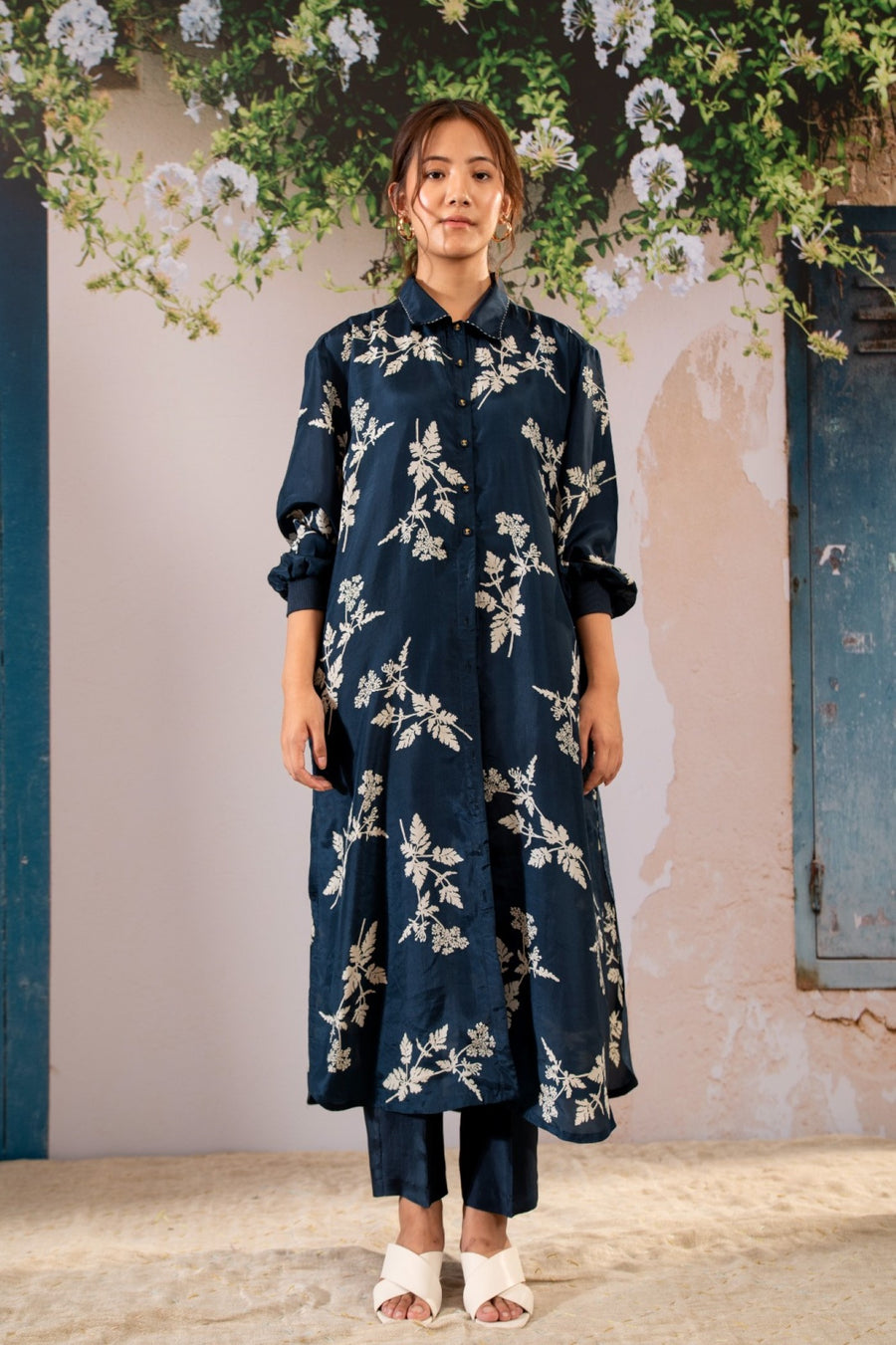 Discharge Print Long Shirt Top And Pant Set In Silk