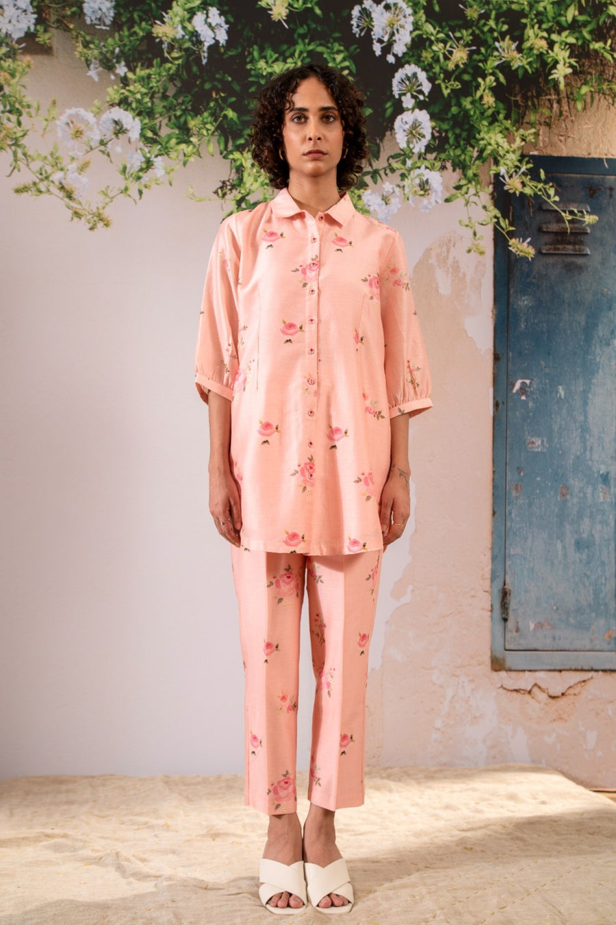Rosette Print Shirt And Pant Set In Chanderi