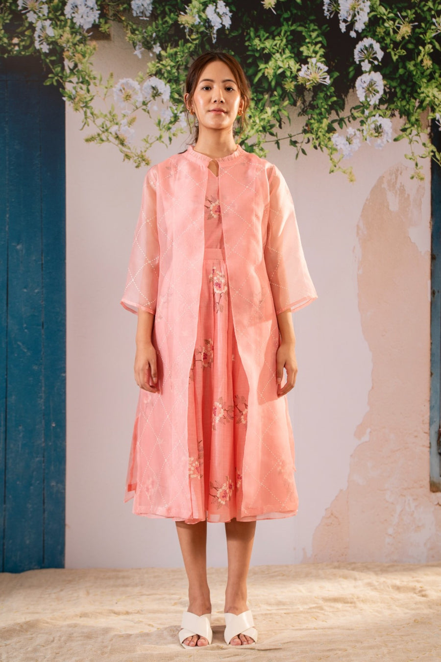 Dahlia Print Top Jacket And Skirt Set In Pure Chanderi And Organza