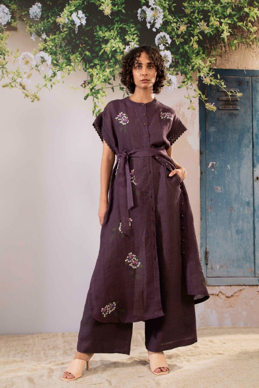 Dahlia Print Long Top And Flare Pant Set In Linen