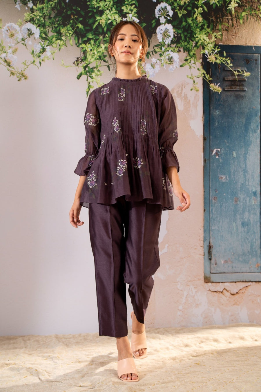 Dahlia Print Pin Tucked Top And Pant Set In Chanderi