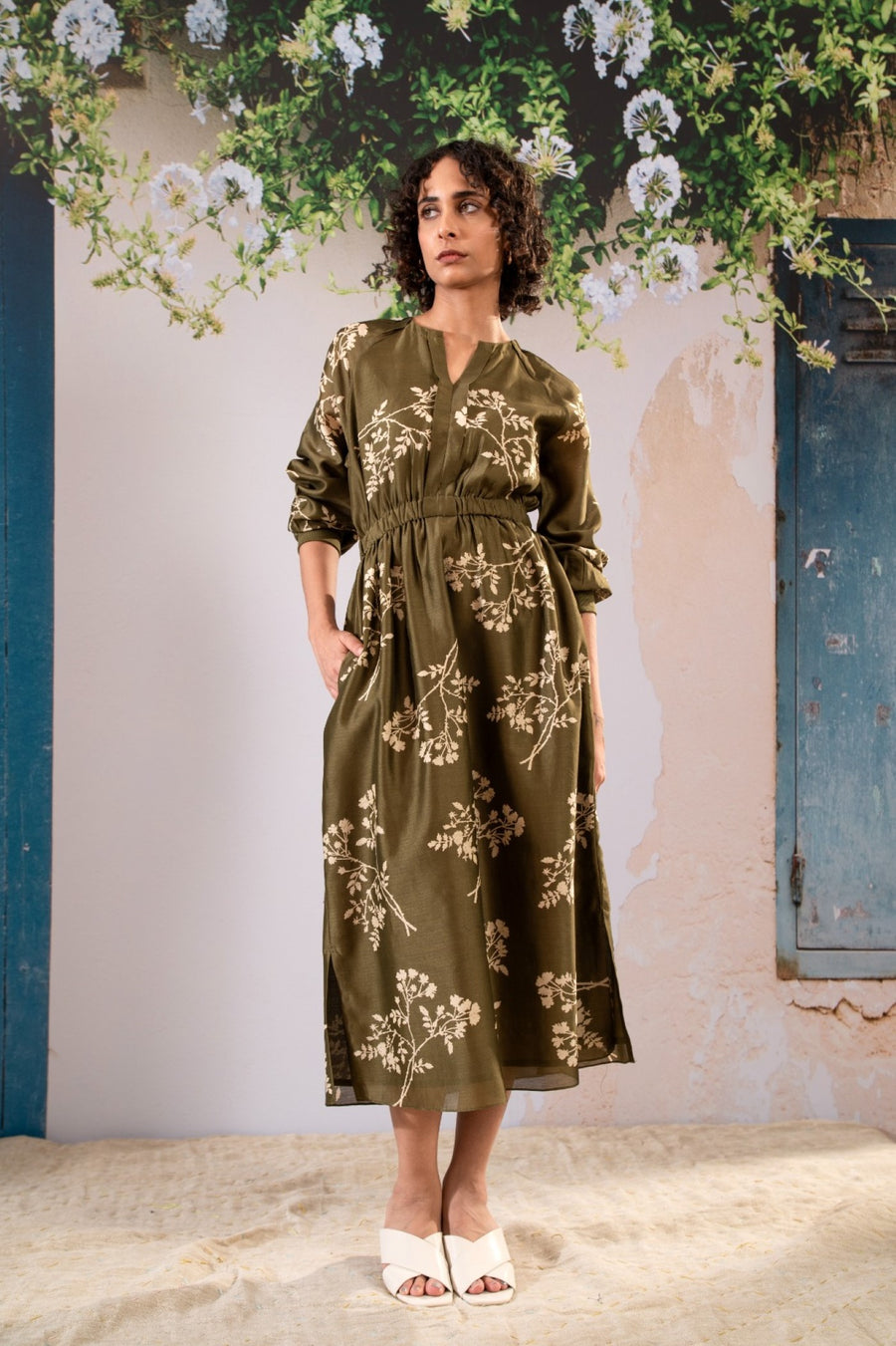 Discharge Print Dress With Elasticated Waist In Chanderi