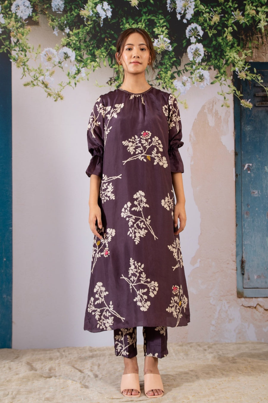 Discharge Print Lavender Kurta Set With Organza Dupatta